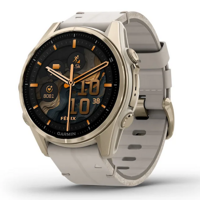 Garmin Fenix 8 AMOLED Sapphire 43 мм – Золотистый, серый кожаный ремешок