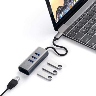 USB-концентратор Satechi USB-C с 3 портами USB 3.0 и Ethernet (RJ45) (ST-TC2N1USB31AM) серый космос