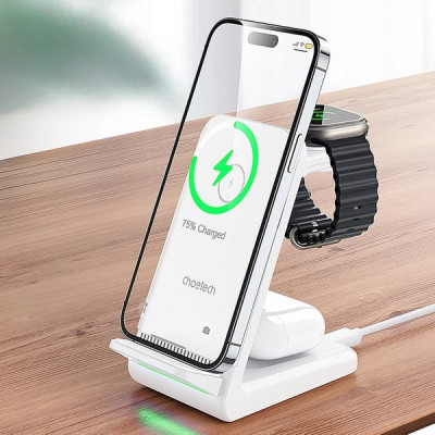 Беспроводное зарядное устройство Choetech 3 in 1 Wireless Charger (T608-F-CCWH) White