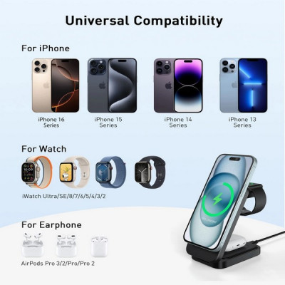 Беспроводное зарядное устройство Choetech 3 in 1 Magnetic Charging Stand (T611-F) Black