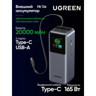 Внешний аккумулятор Ugreen PB726 20000 mAh 165W с выдвижным кабелем (55987B) серый космос