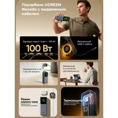 Внешний аккумулятор Ugreen PB726 20000 mAh 165W с выдвижным кабелем (55987B) серый космос