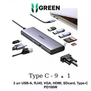 Хаб-адаптер Ugreen CM498 USB-C to 3хUSB 3.0 A + HDMI + VGA + RJ45 + SD/TF + PD (15600) серый космос