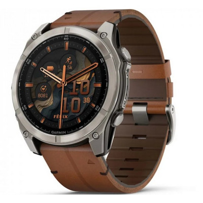 Garmin Fenix 8 Sapphire Amoled 51 мм – Титановый , коричневый кожаный и графитовый силиконовый ремешок