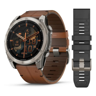 Garmin Fenix 8 Sapphire Amoled 51 мм – Титановый , коричневый кожаный и графитовый силиконовый ремешок