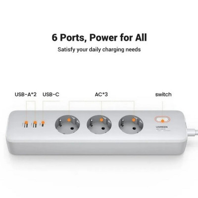 Сетевой фильтр (удлинитель) Ugreen CD286 с розетками и 3 разъемами USB 30W (25357) белый
