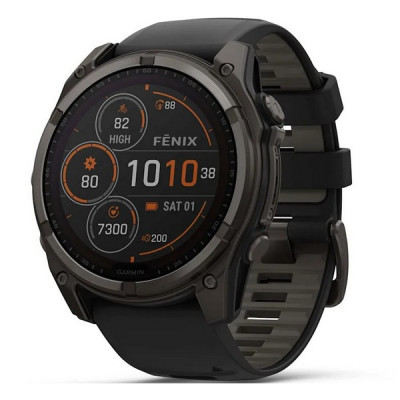 Garmin Fenix 8 Solar Sapphire 51 мм – Титановый DLC, черно-серый ремешок