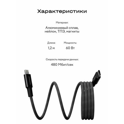 Магнитный кабель Magssory Link USB-C - Lightning MFI 1.2 м (CBL003b) Black