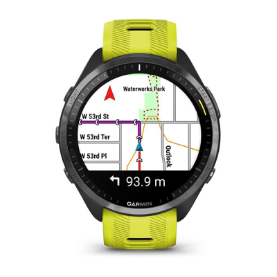 Умные часы Garmin Forerunner 965 – черные, темно-серый DLC титановый безель, с желто-черным ремешком
