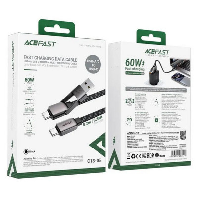 Кабель AceFast C13-05 USB-A/USB-C - USB-C Short Zinc Alloy Connectors Charging Data Cable 0.2 м (AF-C13-05-BK) Black