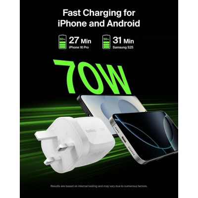 Сетевое зарядное устройство Belkin 3-Port 70W GaN Wall Charger (WCH018hqWH) White