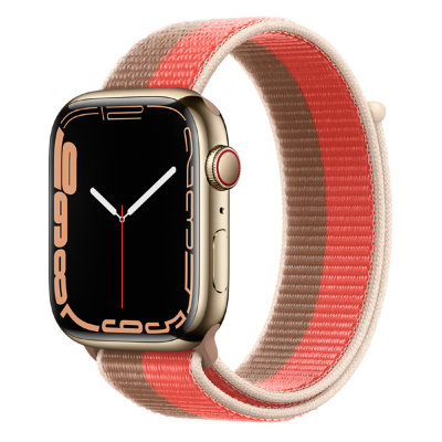 Apple Watch Series 7 GPS + Cellular 45mm Gold Stainless Steel Case with Sport Loop (Pink Pomelo/Tan)