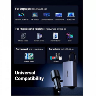 Автомобильное зарядное устройство Ugreen EC706 150W 4-Port GaN с выносом портов USB-A / 2*USB-C (35571) серый