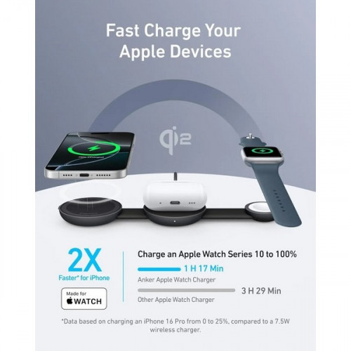 Беспроводное зарядное устройство Anker MagGo 3-in-1 Foldable Charging Pad QI2 15W (B25M8H11) Black
