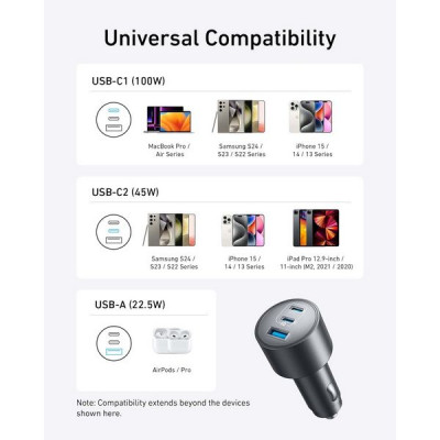 Автомобильное зарядное устройство Anker Nano Car Charger USB-C 167.5 Вт 3 порта (B2737HA1) Black