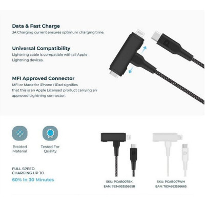 Кабель Powerology USB-C to USB-C + Lightning PD60W (PCAB007WH) White