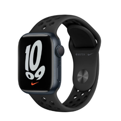 Apple Watch Series 7, 45 мм, корпус из алюминия цвета «тёмная ночь», спортивный ремешок Nike цвета «антрацитовый/чёрный»