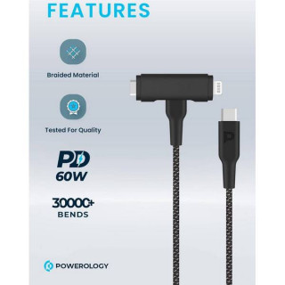 Кабель Powerology USB-C to USB-C + Lightning PD60W (PCAB007BK) Black