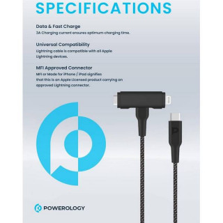 Кабель Powerology USB-C to USB-C + Lightning PD60W (PCAB007BK) Black