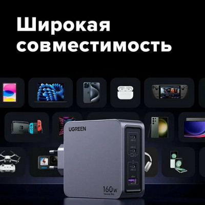Зарядное устройство Ugreen X763 Nexode Pro 160W USB-A+3*USB-C GaN Tech Fast Charger с кабелем (25877) серый