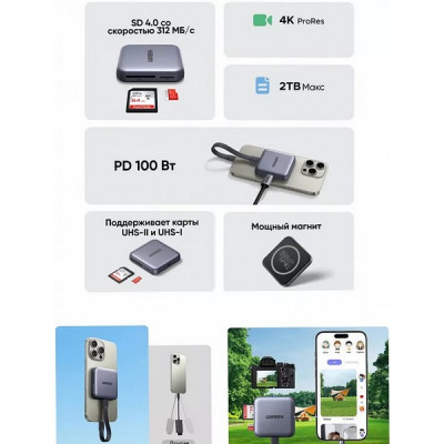 Кардридер магнитный Ugreen CM898 Magnetic 3-in-1 USB-C & SD & TF (65095) серый космос