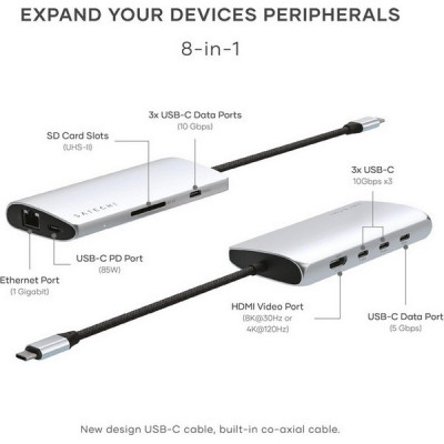 Адаптер Satechi USB-C Multiport Adapter 8K Ethernet V3 (ST-P8KES) Silver