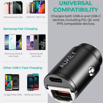Автомобильное зарядное устройство Aukey CC-A3 Dual-Port (USB-C/USB-A) Car Charger 30W