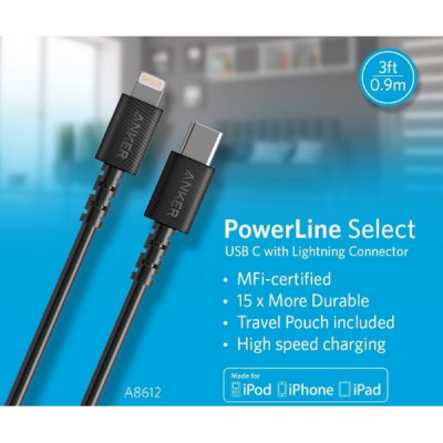 Кабель Anker Powerline Select USB-C - Lightning 0.9 м (A8612G11) Black