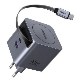 Сетевое зарядное устройство Ugreen X614 45W GaN USB-C&USB-A с выдвижным кабелем (65822) серый космос