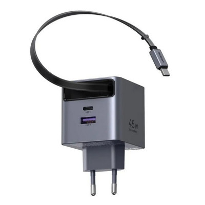 Сетевое зарядное устройство Ugreen X614 45W GaN USB-C&USB-A с выдвижным кабелем (65822) серый космос