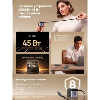 Сетевое зарядное устройство Ugreen X614 45W GaN USB-C&USB-A с выдвижным кабелем (65822) серый космос