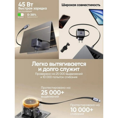 Сетевое зарядное устройство Ugreen X614 45W GaN USB-C&USB-A с выдвижным кабелем (65822) серый космос