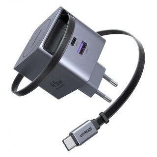 Сетевое зарядное устройство Ugreen X614 45W GaN USB-C&USB-A с выдвижным кабелем (65822) серый космос